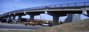 45 St. overpass over CPR Red Deer downtown railyard c1980 - rda S8479